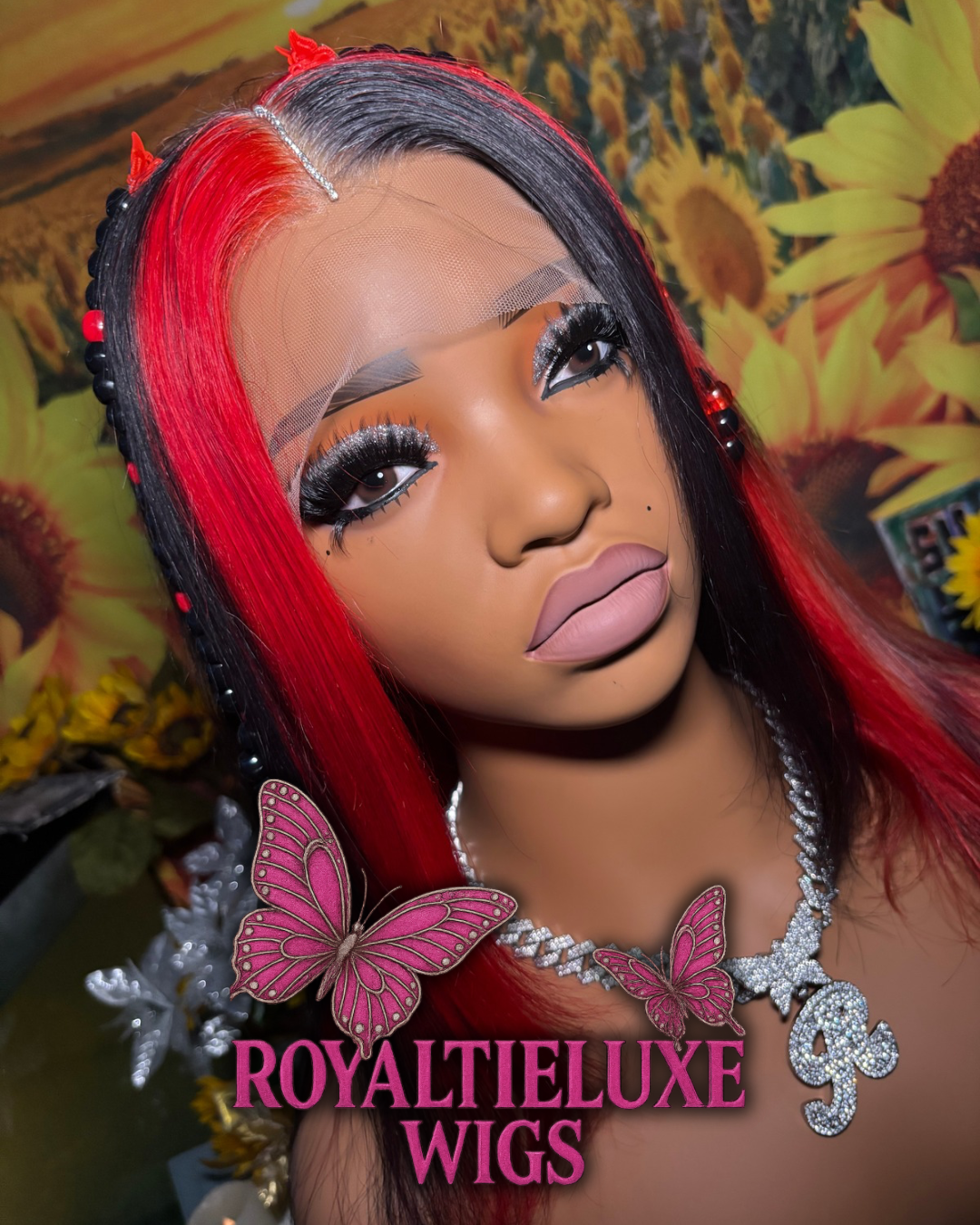 26Inch Red & Black Designer Lace Wig