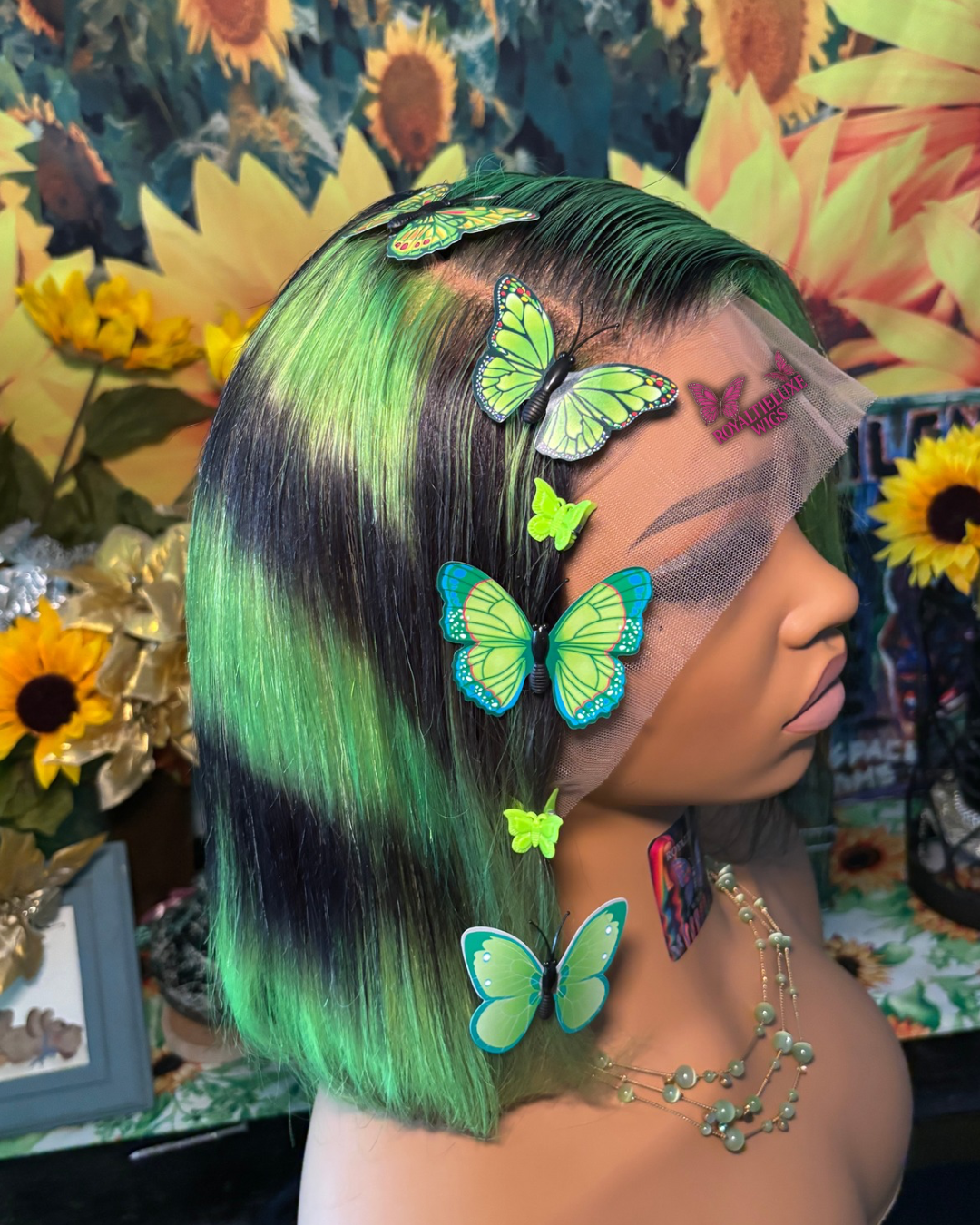 14 Inch Green And Black Bob Lace Wig