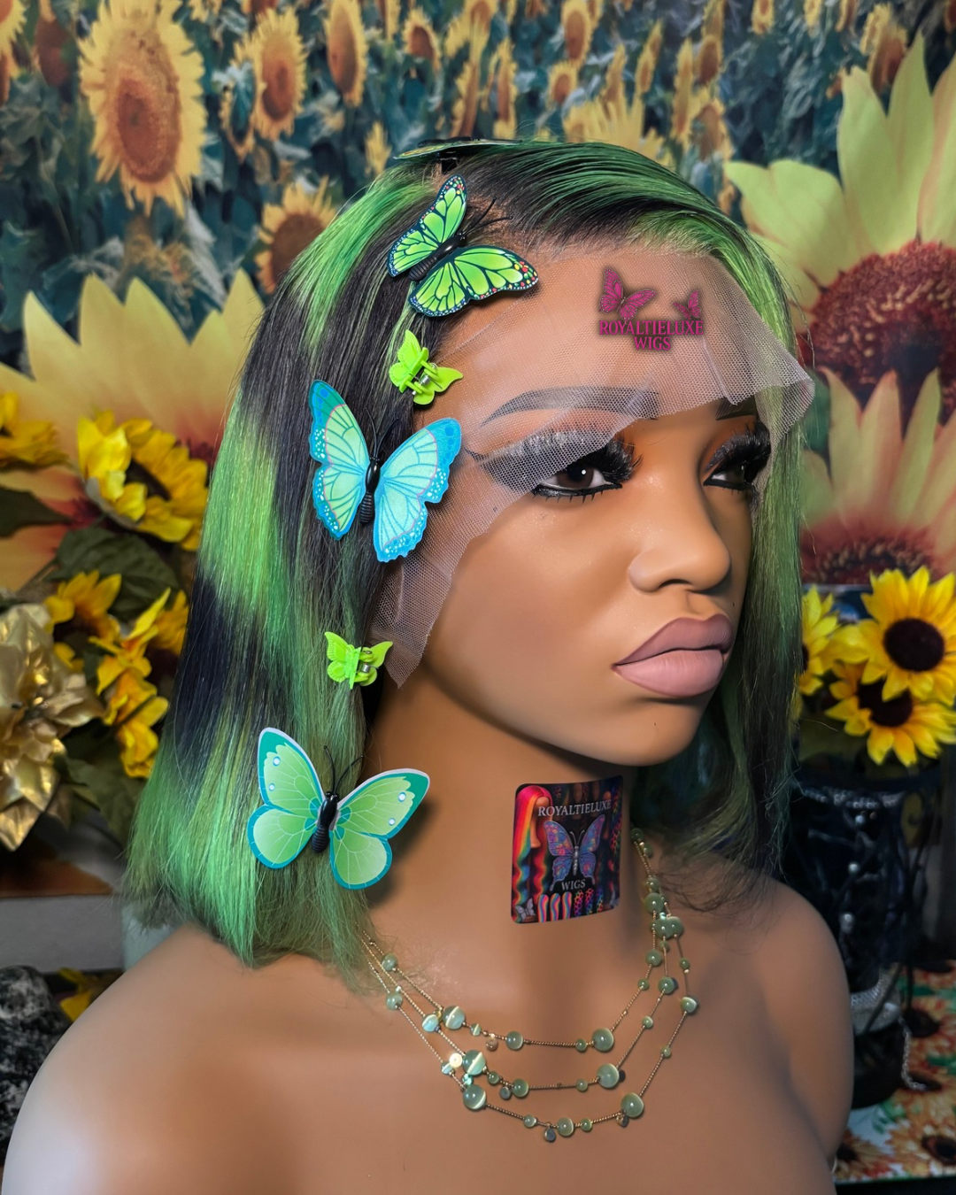 14 Inch Green And Black Bob Lace Wig