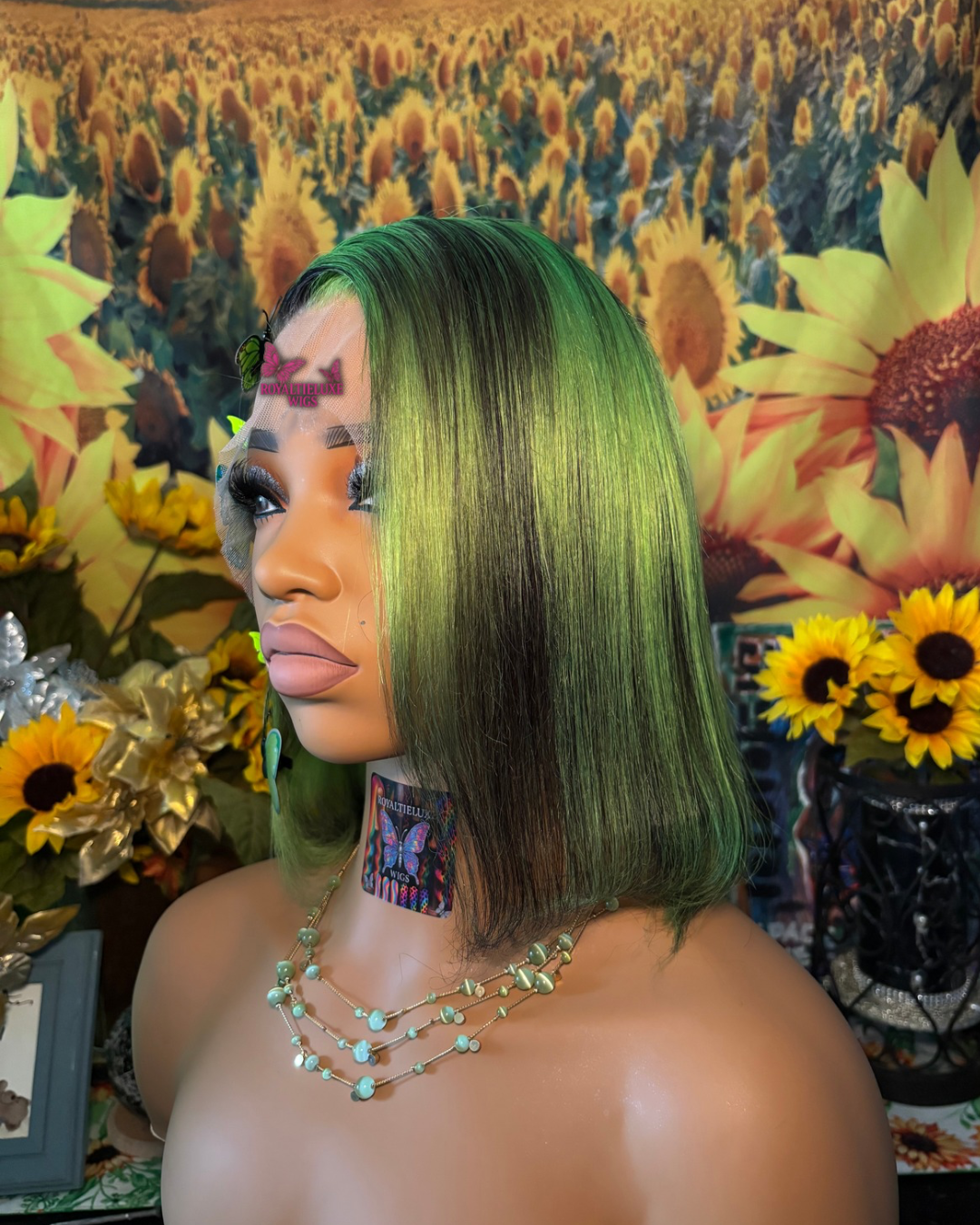 14 Inch Green And Black Bob Lace Wig