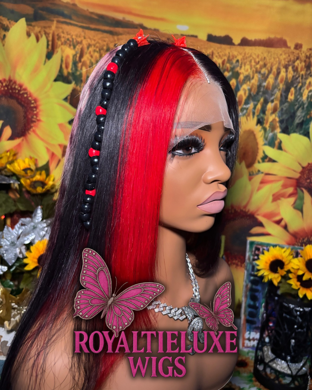 26Inch Red & Black Designer Lace Wig
