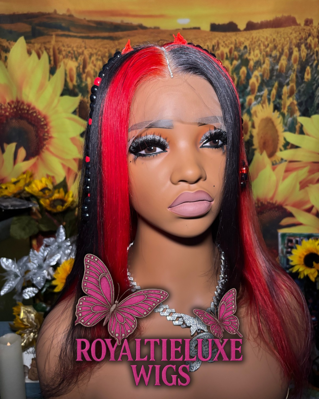 26Inch Red & Black Designer Lace Wig